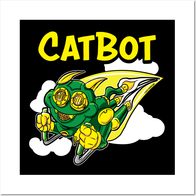 Cat Bot rocketing through the sky Wall Art by eShirtLabs